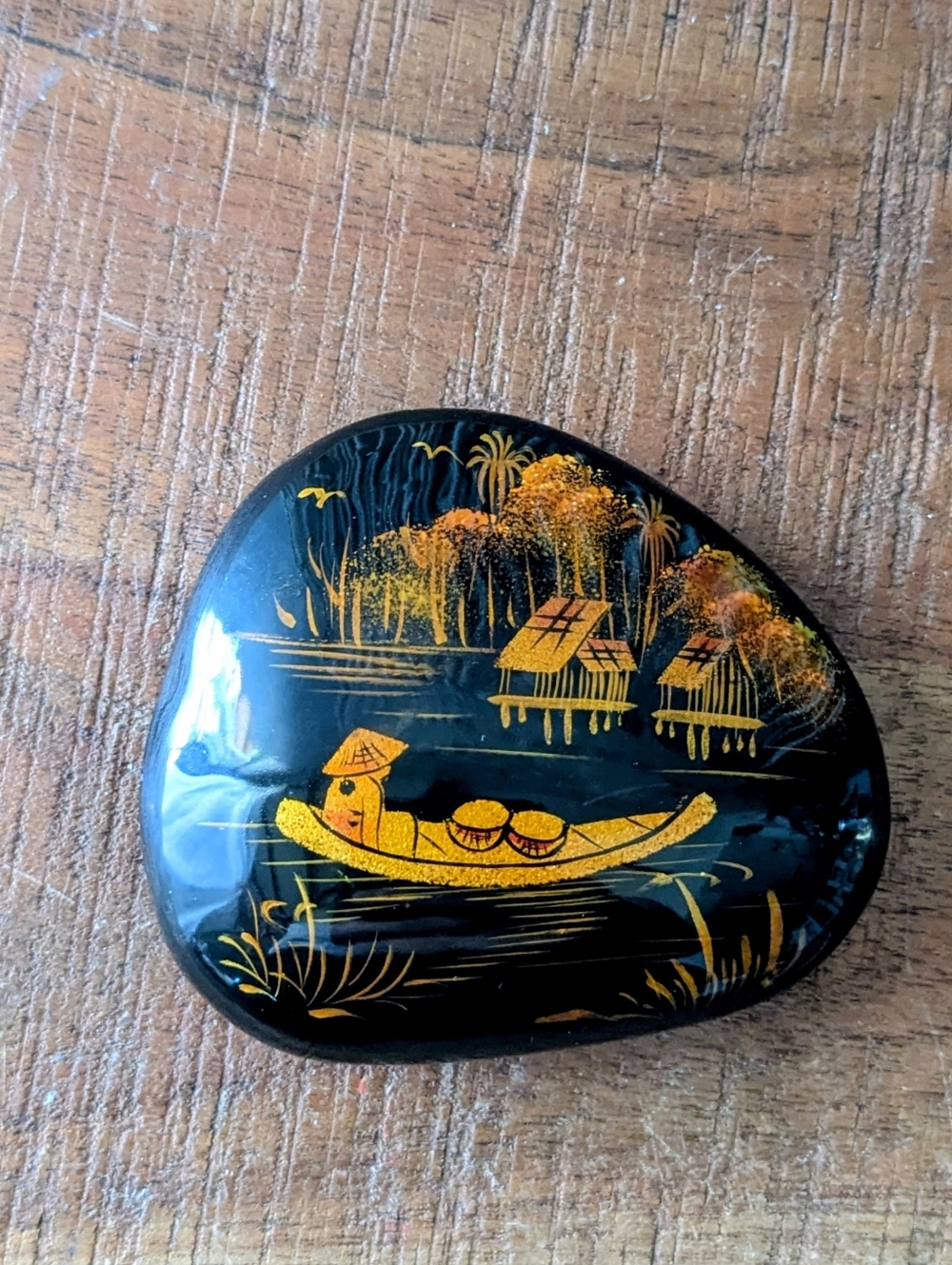 Vintage Vietnamese Lacquerware Art Stone – Gold Etched River Scene